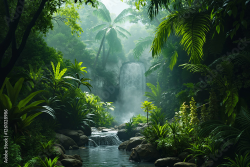 A waterfall in the middle of a lush green jungle