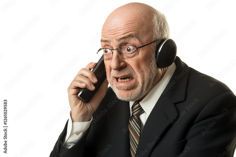 An elderly man wearing headphones appears frustrated on a phone call, showcasing a moment of surprise and disbelief in a business setting. An elderly man wearing headphones appears frustrated on a phone call, showcasing a moment of surprise and disbelief in a business setting.