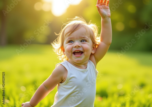happy child plays freely outside sunny green