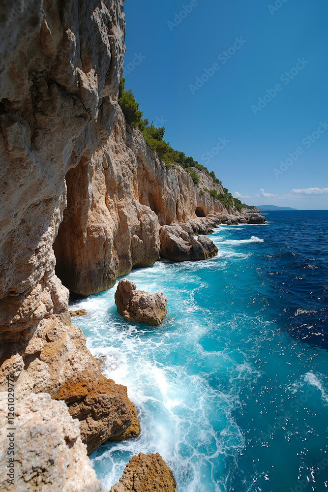 A rocky cliff overlooking the ocean with waves crashing against the rocks A rocky cliff overlooking the ocean with waves crashing against the rocks