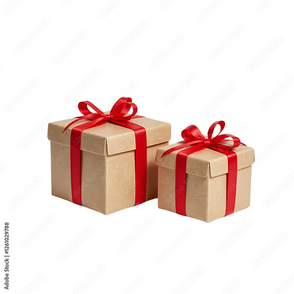 Fototapeta premium A collection of gray gift boxes with red ribbon, arranged to display their different sizes and shapes on transparentbackground