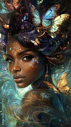 An African American woman with an elaborate, flowing hairstyle adorned by butterflies and swirls of colors
