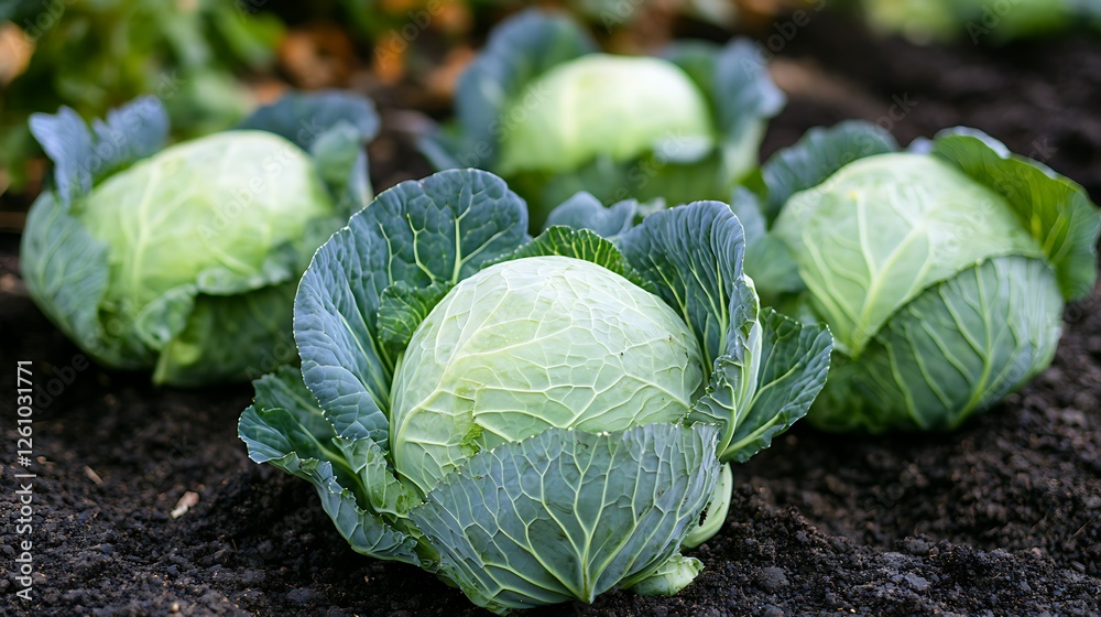 Fototapeta premium Fresh cabbages growing in garden soil