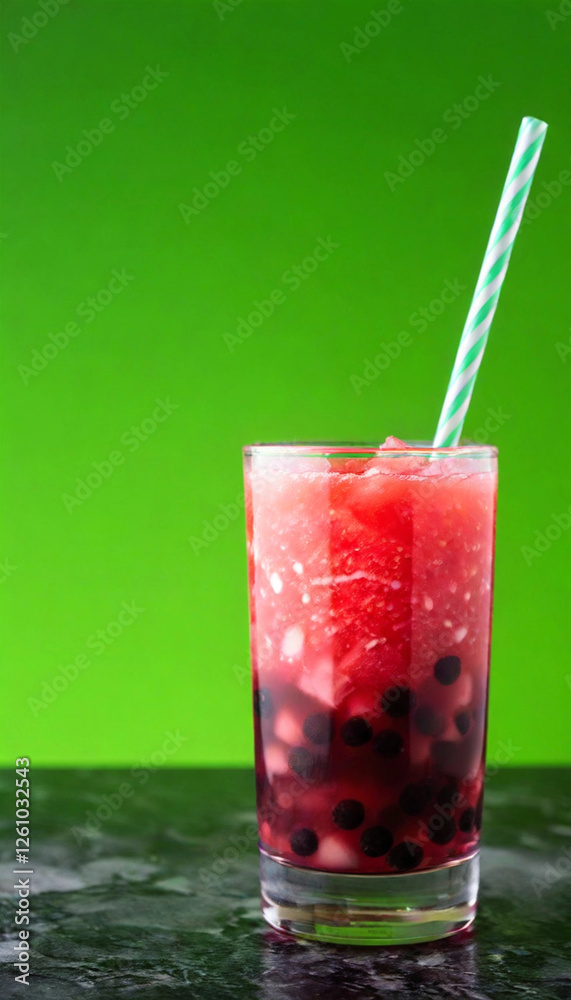 A colorful glass of watermelon bubble tea, layered with tapioca pearls, on a vibrant green studio background. A colorful glass of watermelon bubble tea, layered with tapioca pearls, on a vibrant green studio background.