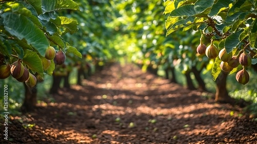 Sunlit fig orchard rows, ripe figs on branches, agriculture, healthy food