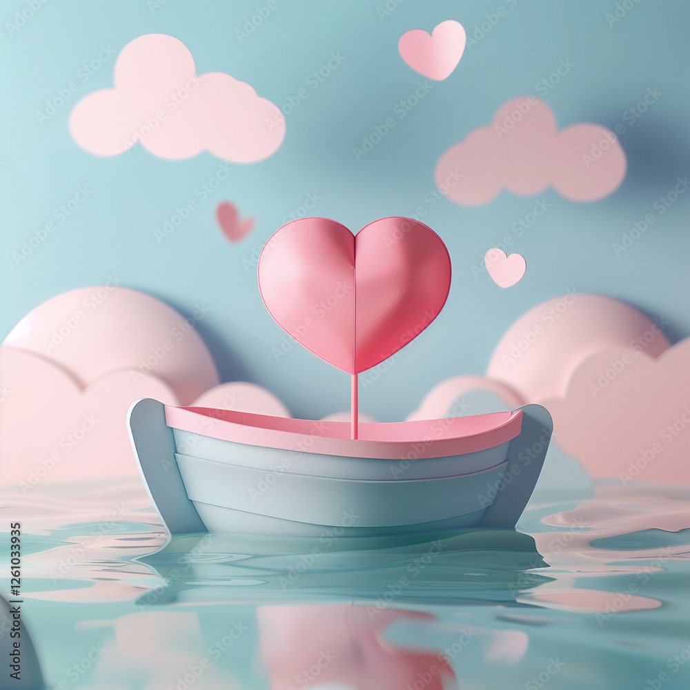 3D cute heart and boat floating on water with light pink clouds and sky background. Valentine's Day wallpaper. Minimal love and wedding concept 3D cute heart and boat floating on water with light pink clouds and sky background. Valentine's Day wallpaper. Minimal love and wedding concept