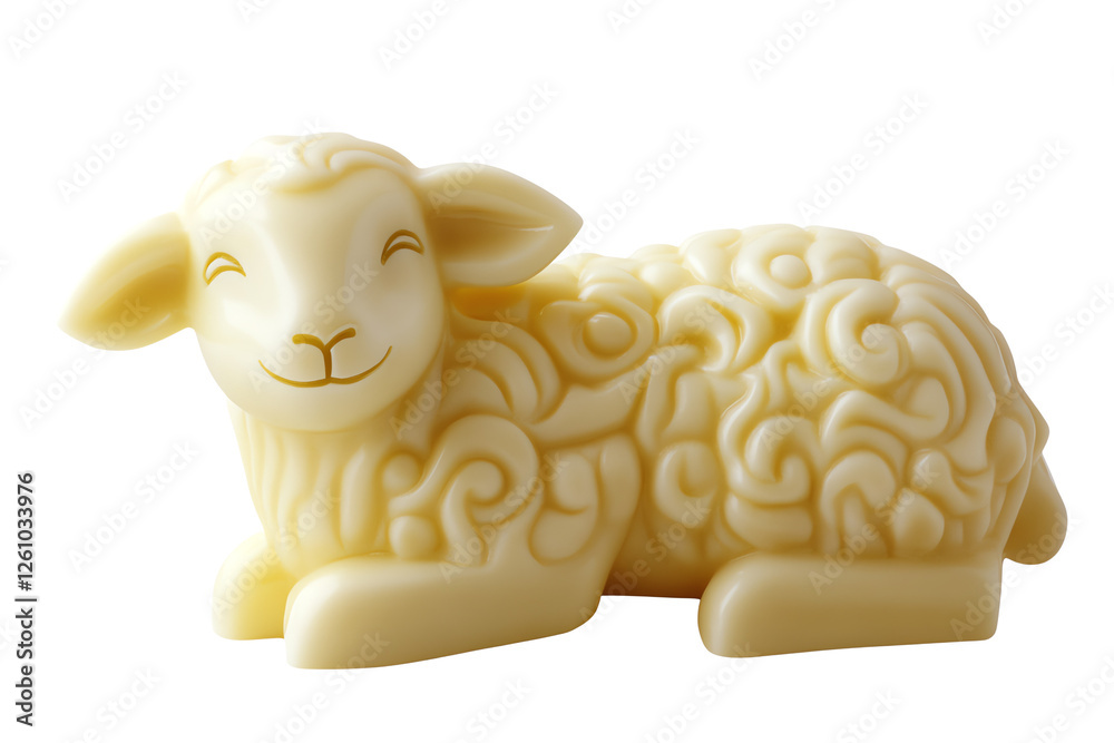 Playful yellow sheep figure with intricate swirl patterns, relaxing pose on a white isolated background, perfect for various creative projects. Playful yellow sheep figure with intricate swirl patterns, relaxing pose on a white isolated background, perfect for various creative projects.