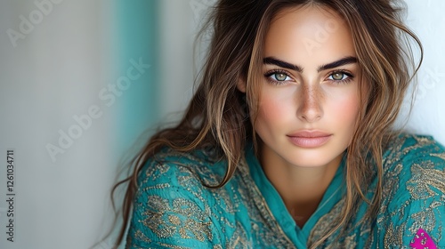 Woman with Freckles in Teal Embroidered Clothing