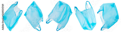five blue disposable plastic bags in various views isolated, banner, plastic waste pollution