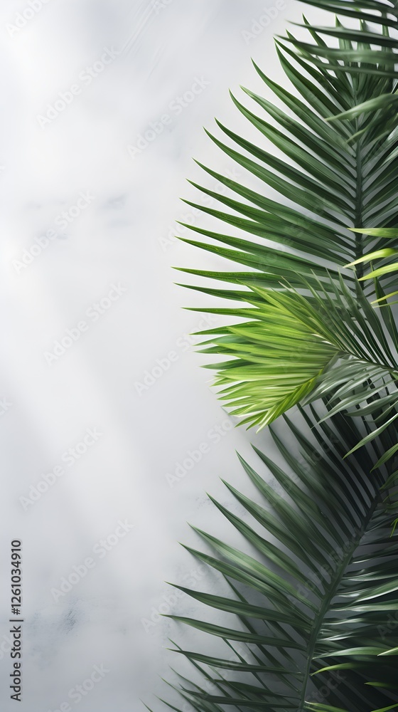 Fototapeta premium Lush Green Tropical Palm Fronds on Gray Background Summer Nature Floral Design Element