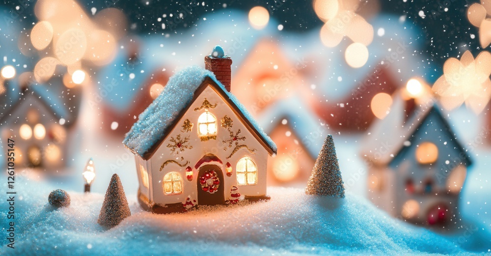 Whimsical winter village scene with illuminated houses nestled in snow, creating a festive and inviting holiday atmosphere. Snowfall adds magic. Whimsical winter village scene with illuminated houses nestled in snow, creating a festive and inviting holiday atmosphere. Snowfall adds magic.