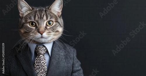 A tabby cat is anthropomorphized in business attire, exuding professionalism with a suit and tie against a stark, dark backdrop. photo