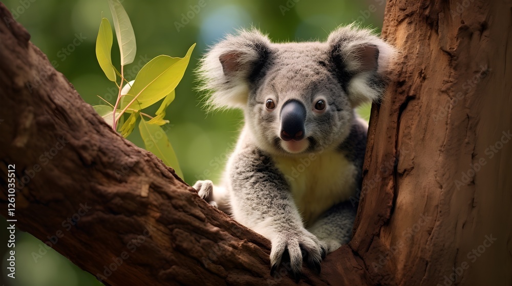 Fototapeta premium Adorable Koala Bear on Eucalyptus Tree Branch in Australian Wildlife Habitat