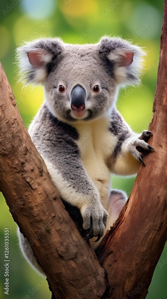 Obraz premium Adorable Koala Bear on Tree Branch Australian Wildlife Close Up Portrait