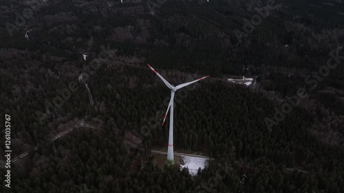 This aerial view shows a wind farm near Dunklingen, Germany, featuring wind turbines. photo