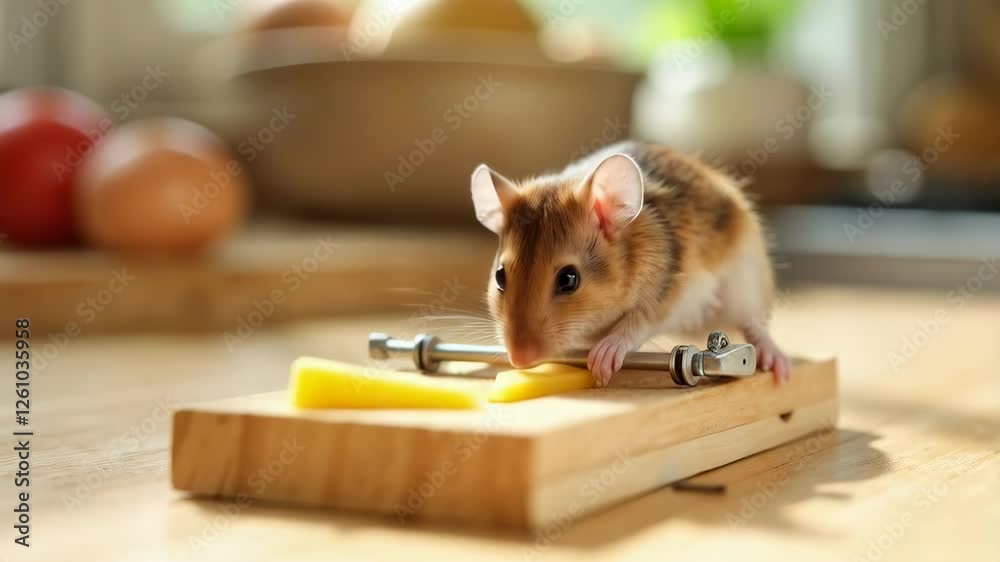 Curious mouse sniffing cheese on a wooden trap in a sunny kitchen