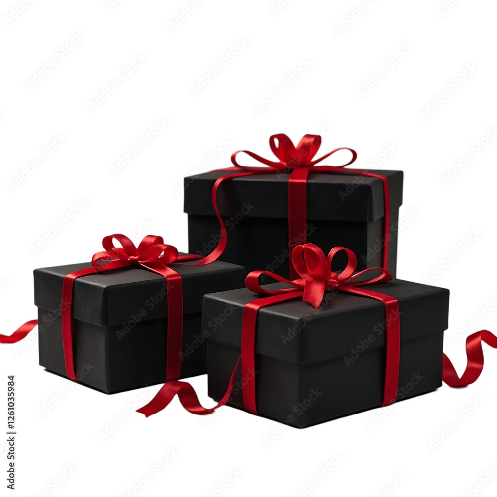 Fototapeta premium A glossy black square gift box, accented with a vibrant red ribbon and bow is isolated on transparent background