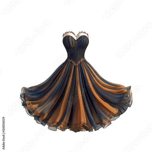 Elegant Blue and Gold Strapless A-Line Gown, Fashion Dress, 3D Render