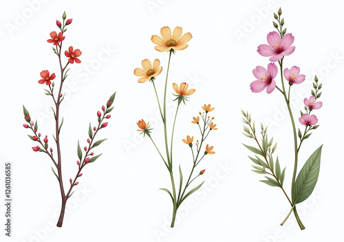 botanical illustrations feature watercolor flowers minimalist style delicate small blooms arrangement