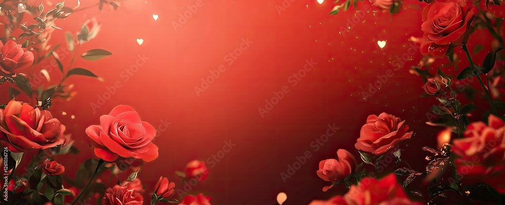 A vibrant red background with an elegant arrangement of roses at the bottom, perfect for Valentine's Day or special events. A vibrant red background with an elegant arrangement of roses at the bottom, perfect for Valentine's Day or special events.