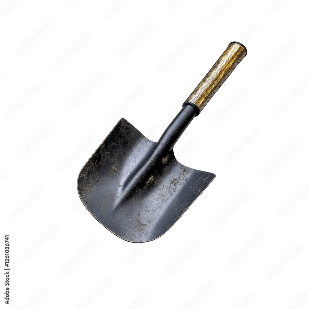 Used Black Shovel with Gold Handle on White Background Used Black Shovel with Gold Handle on White Background