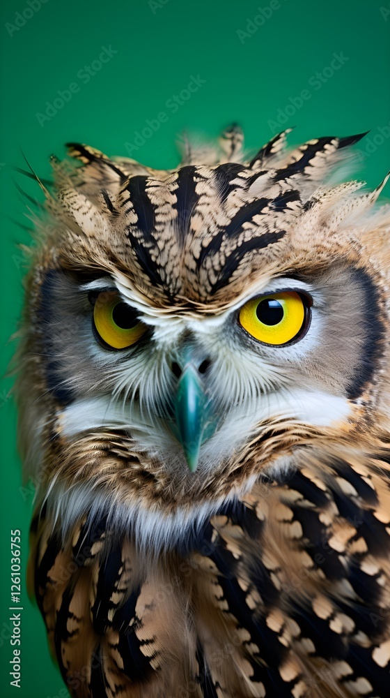 Majestic Spotted Eagle Owl Portrait Close up of Wild Bird with Intense Yellow Eyes Majestic Spotted Eagle Owl Portrait Close up of Wild Bird with Intense Yellow Eyes
