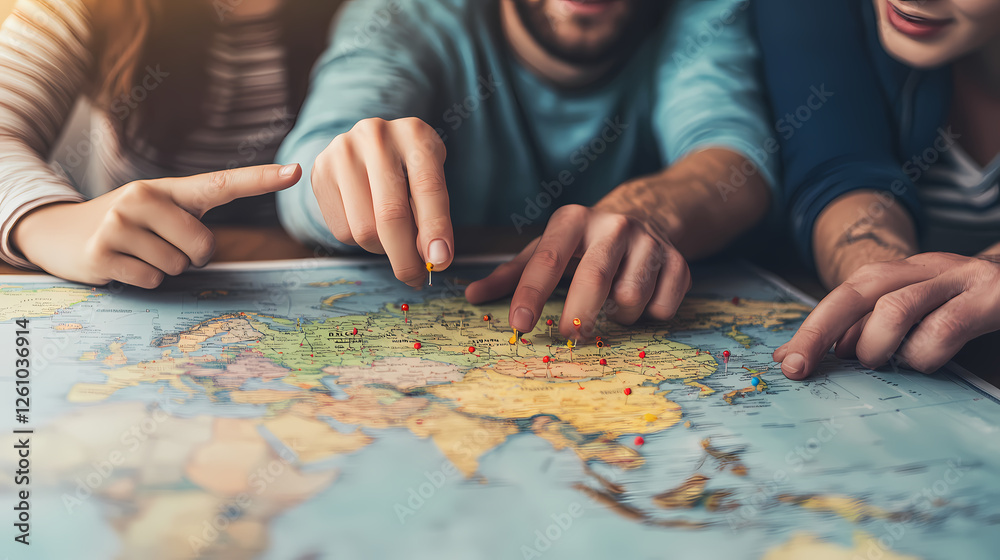 Planning the Adventure: A close-up shot of three friends excitedly planning their next adventure by placing pins on a world map. Planning the Adventure: A close-up shot of three friends excitedly planning their next adventure by placing pins on a world map.