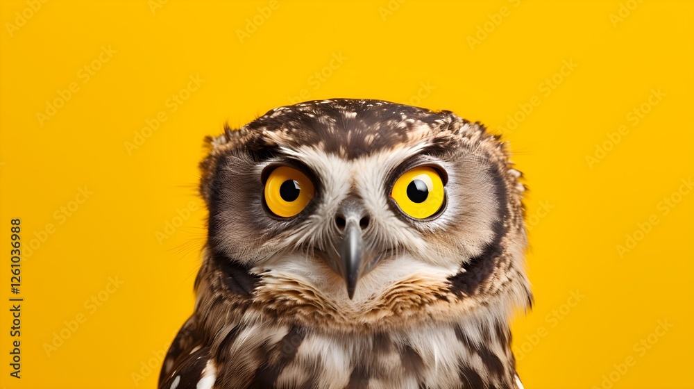 Obraz premium Majestic Owl Portrait Close up of a Spectacled Owl against Vibrant Yellow Background