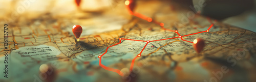 Wallpaper Mural Journey Through the World: A close-up shot of a vintage map with red pins and connecting lines highlighting a travel route, symbolizing exploration, adventure, and the thrill of discovery.  Torontodigital.ca