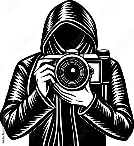 Black Photographer with Camera Silhouette Doodle Art Vector Illustration | Hand-Drawn Photographer Sketch | Photography, Camera Equipment, and Artistic Vision Clipart Design