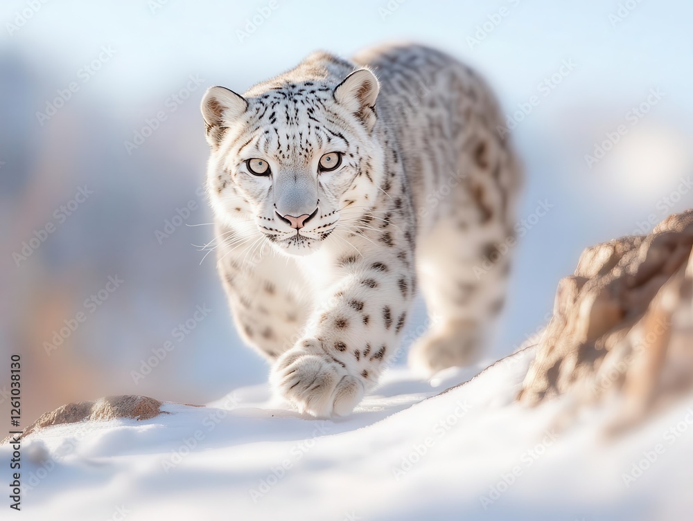 The snow leopard gracefully prowled along a snow-covered rocky cliff, exuding a piercing gaze and powerful presence. The snow leopard gracefully prowled along a snow-covered rocky cliff, exuding a piercing gaze and powerful presence.