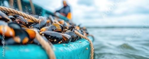 Mussel fisherman working on a boat, hauling ropes filled with fresh mussels, maritime industry