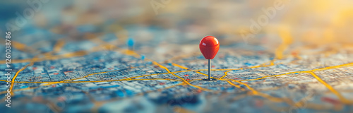 Red Pin on Map: A single, vibrant red push-pin stands out on a detailed map, symbolizing a destination, a key location, or a point of interest. The image evokes a sense of journey, exploration.
