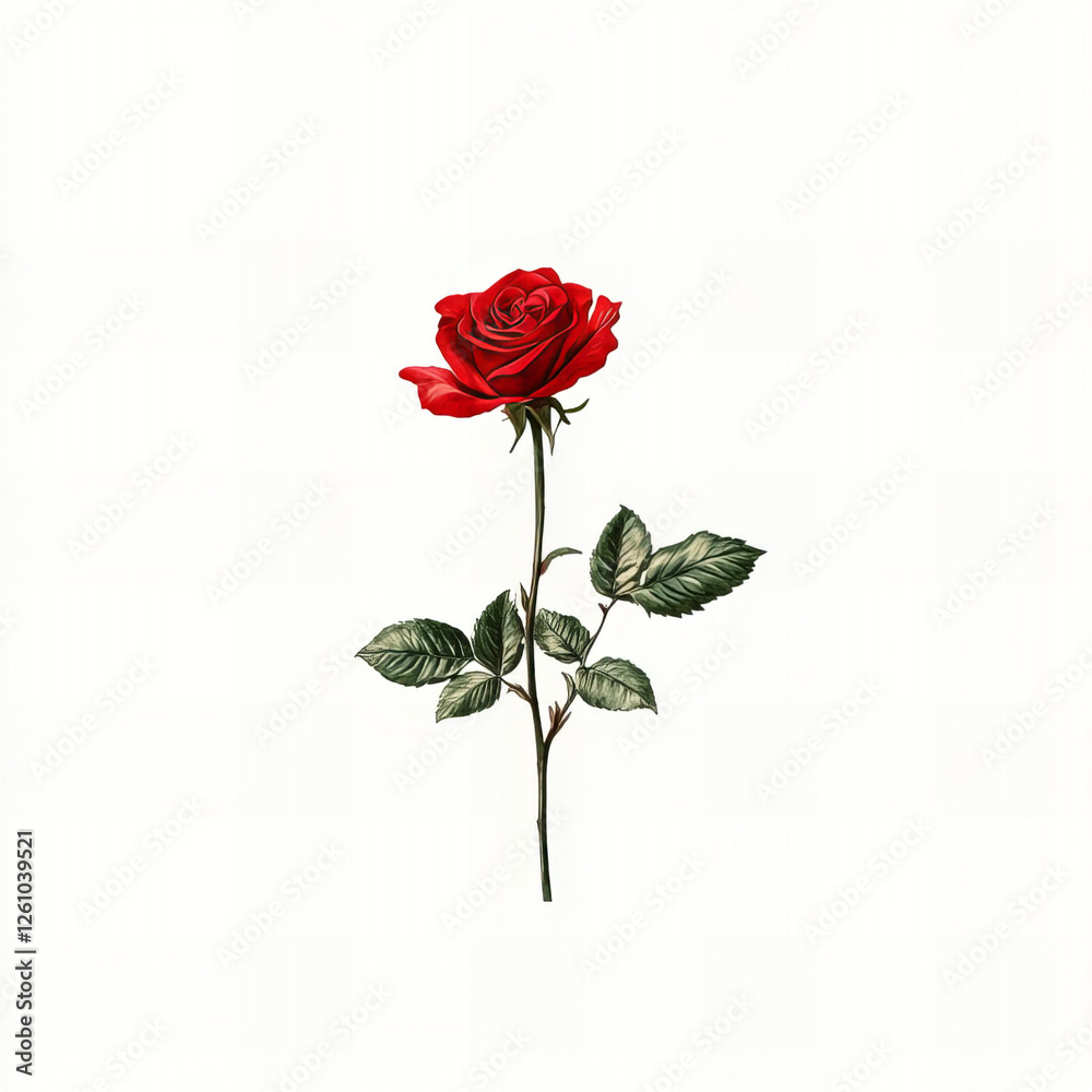 Obraz premium Watercolor Illustration of a Single Red Rose with Detailed Stem and Leaves on White Background