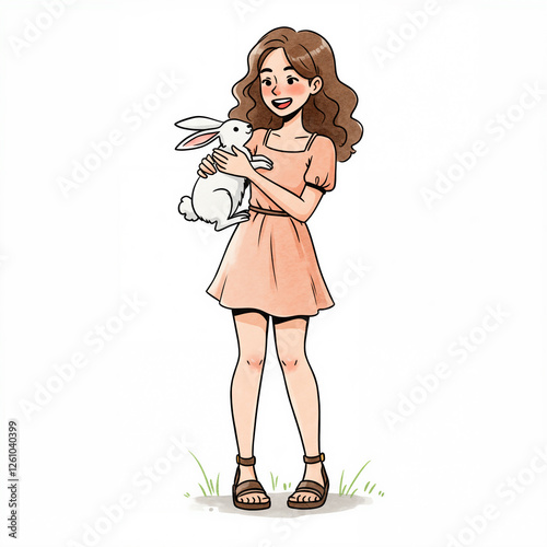Whimsical young girl playing with her adorable white bunny outdoors - isolated on white