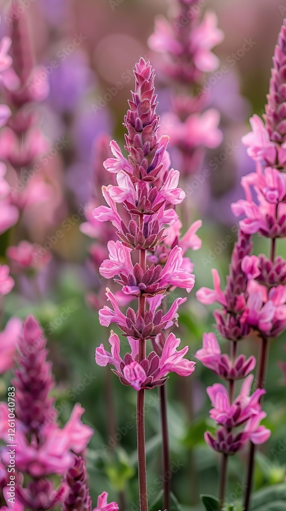 Obraz premium Vibrant Pink Salvia Flowers Blooming in Garden Close Up View