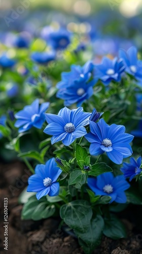 Vibrant Blue Flowers Blooming in Garden Close Up Shot of Beautiful Felicia Amelloides photo