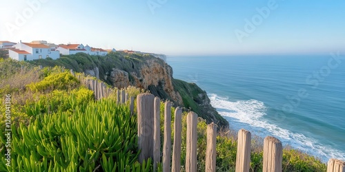 Azenhas do Mar village in Portugal perched on a dramatic seaside cliff at dusk, offering a breathtaking view of the ocean. photo