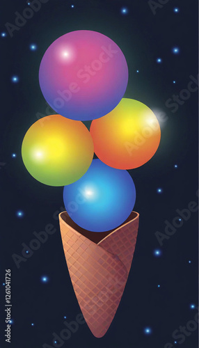 An ice cream cone with scoops of glass ice cream, each glowing with a unique summer color.
