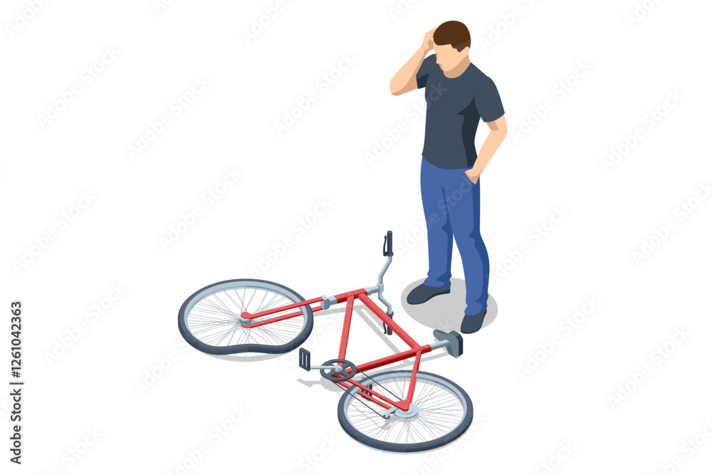 Fototapeta premium An isometric illustration of a confused man standing next to a fallen red bicycle. He looks at it, wondering what to do next.