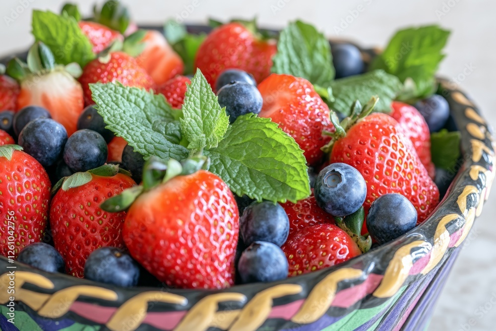 A colorful basket overflows with ripe strawberries and blueberries, accented with fresh mint leaves A colorful basket overflows with ripe strawberries and blueberries, accented with fresh mint leaves