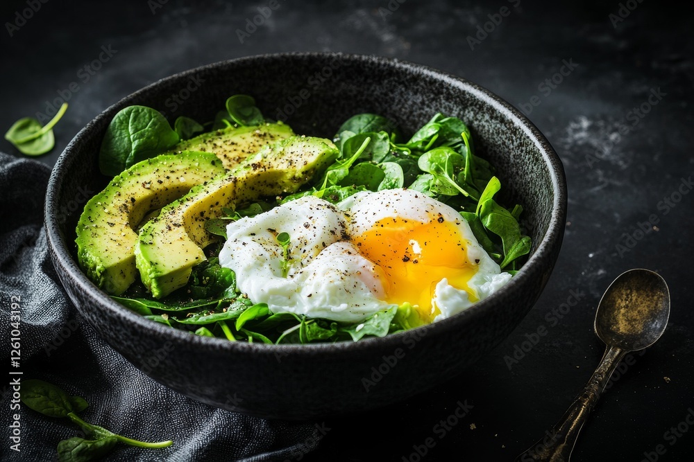 Rich breakfast bowl features creamy avocado, a runny poached egg, and fresh spinach arranged in a rustic ceramic dish. Low lighting adds depth to the vibrant colors and textures Rich breakfast bowl features creamy avocado, a runny poached egg, and fresh spinach arranged in a rustic ceramic dish. Low lighting adds depth to the vibrant colors and textures