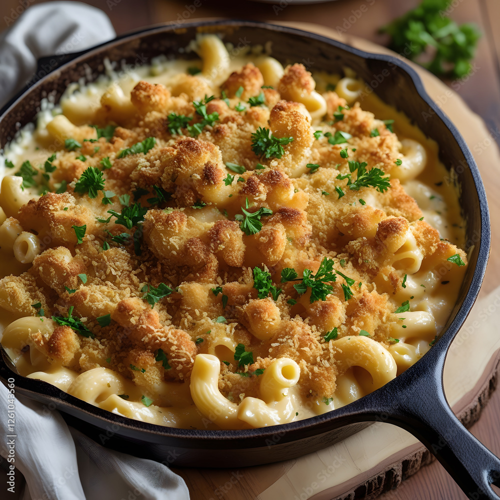 This image showcases a mouthwatering plate of mac and cheese served in a rustic cast-iron skillet, offering an indulgent and comforting visual appeal. This image showcases a mouthwatering plate of mac and cheese served in a rustic cast-iron skillet, offering an indulgent and comforting visual appeal.