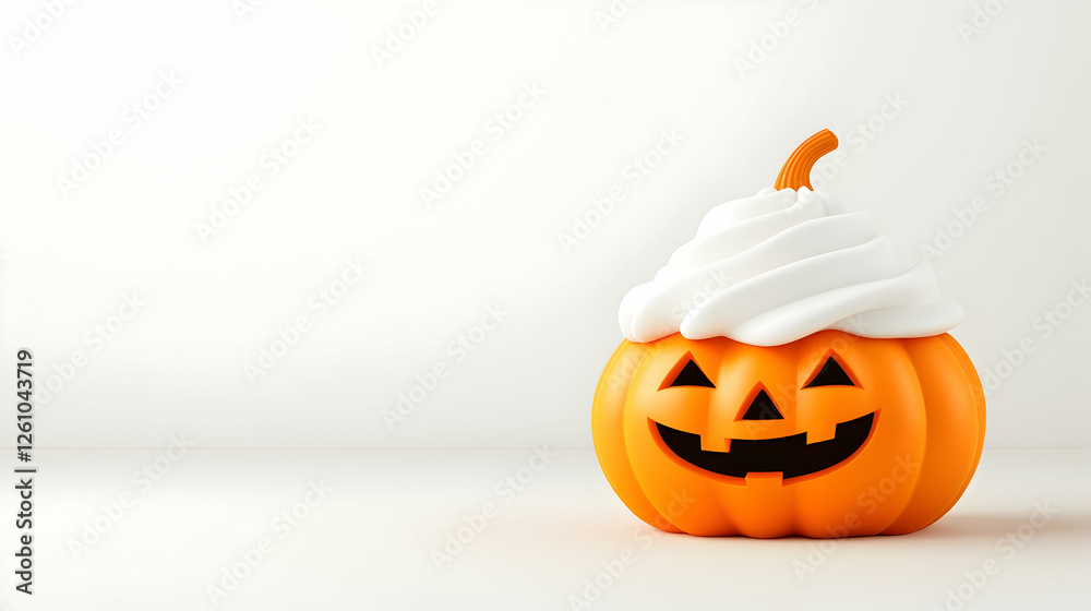 Fototapeta premium Sweet Halloween Festive pumpkin with cream on white background for celebrations, invitation cards