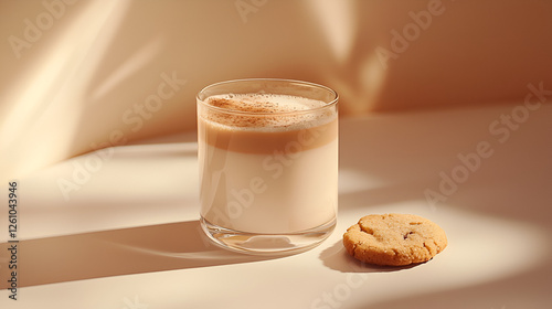A layered beverage in a glass next to a cookie illuminated by natural light creating soft shadows.