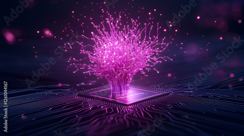 Tech Glowing digital tree emerges from a microchip, representing AI, future, & technology