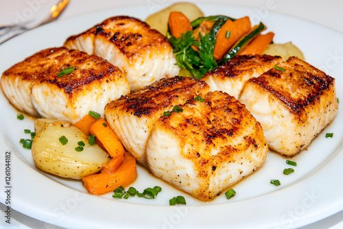 Tasty grilled fish fillet served with cooked vegetables on white plate, ready for gourmet dinner photo