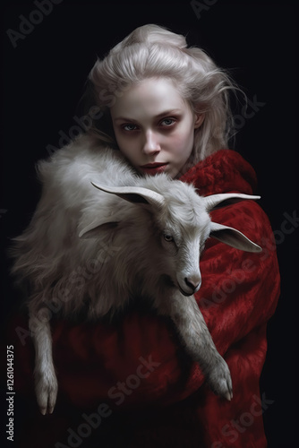 Female horned demon holding a goat