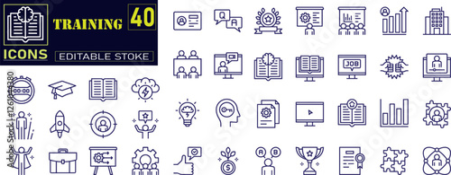 Set of line icons related to training, coaching, mentoring, education, meeting, conference, teamwork.