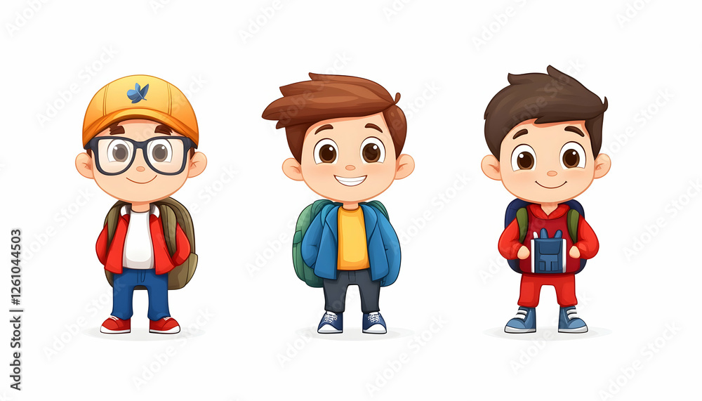 Three young boys with backpacks, smiling. Children's illustration Three young boys with backpacks, smiling. Children's illustration